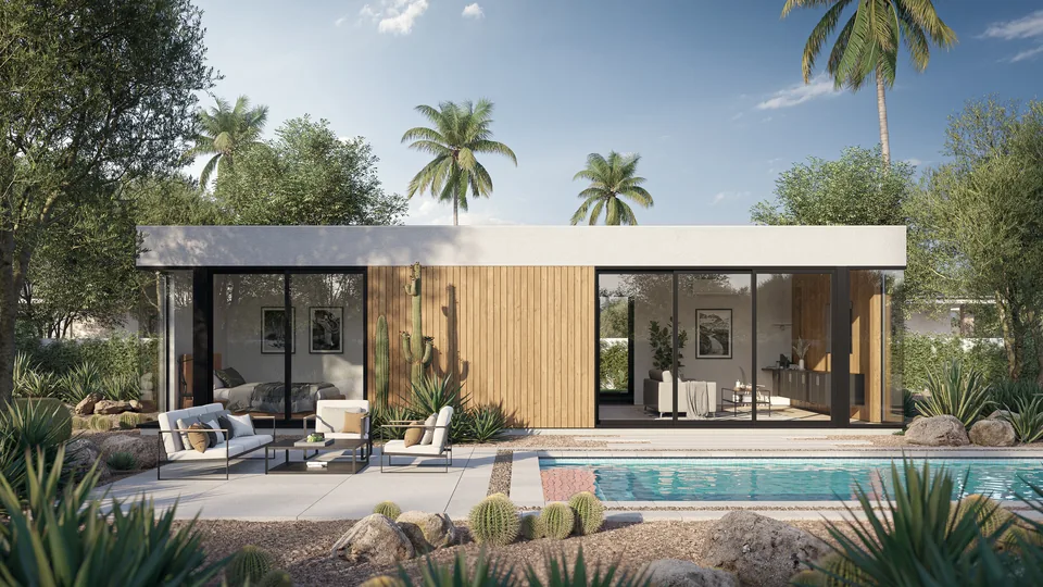 Batten wood guest home with a covered patio
