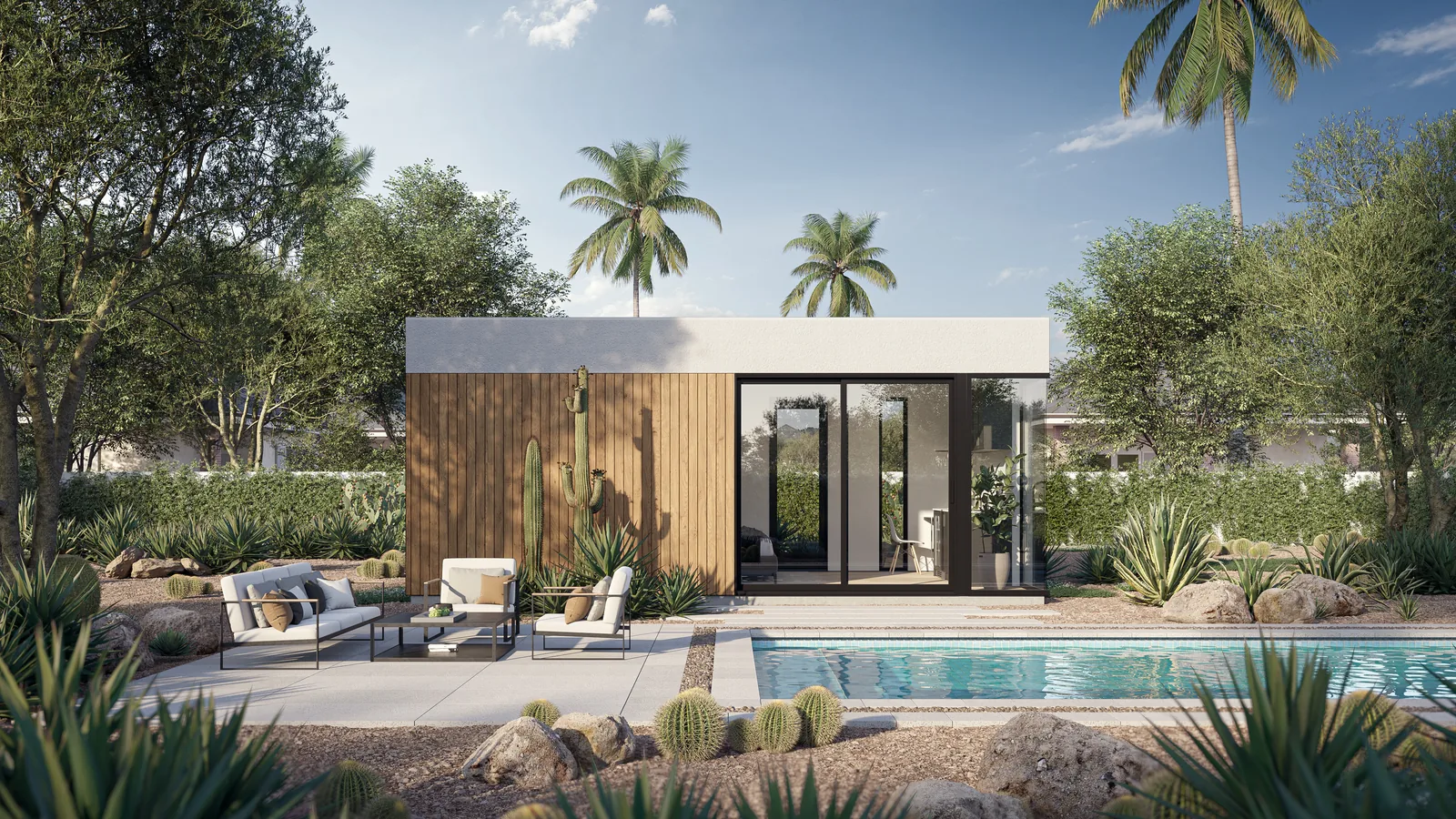 Guest home clad in vertical batten wood