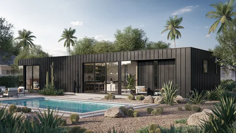 Black MLC guest home beside a pool