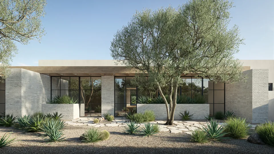 Custom Mockingbird home rendered in an Arizona backyard