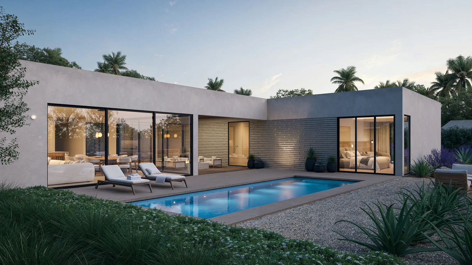 Large Minima home at dusk beside a swimming pool