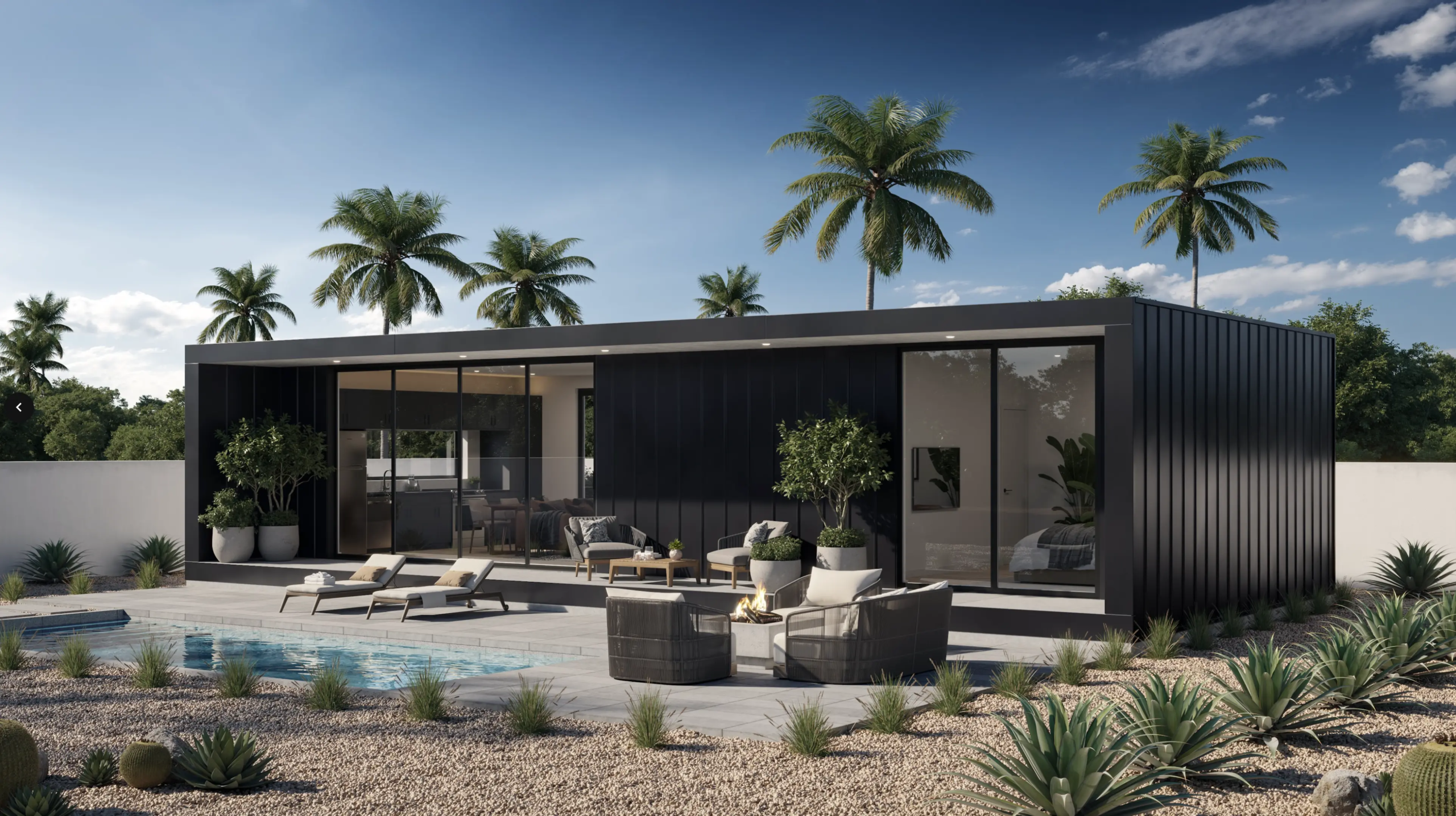 A rendering of a modern house with a swimming pool in the backyard. The house has a flat roof, large windows, and a light stucco exterior. The backyard features a rectangular swimming pool with a lounge chair and patio furniture.**