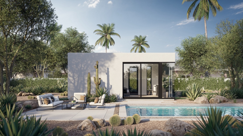Minimal Living Concepts Flex ADU beside a pool in an Arizona backyard