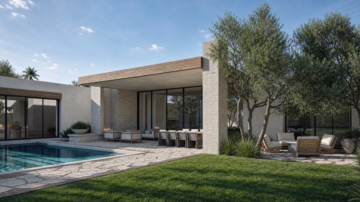 Mockingbird primary residence — modern brick with olive trees