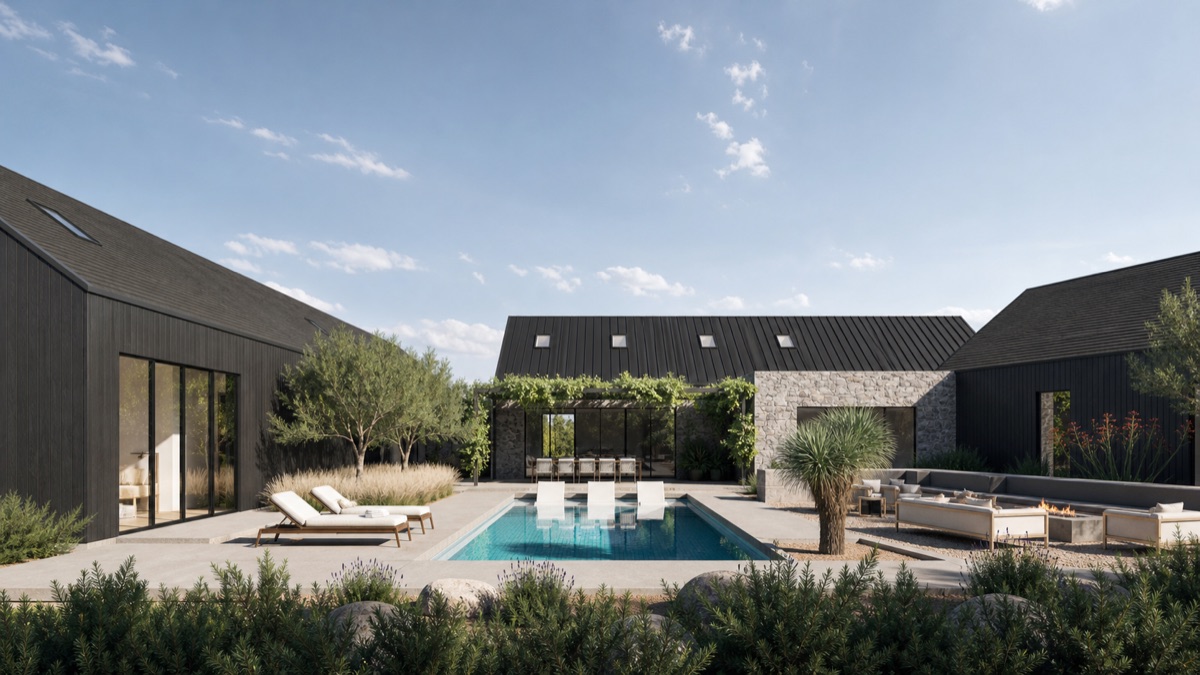 Norte primary residence — dark farmhouse with stone accents