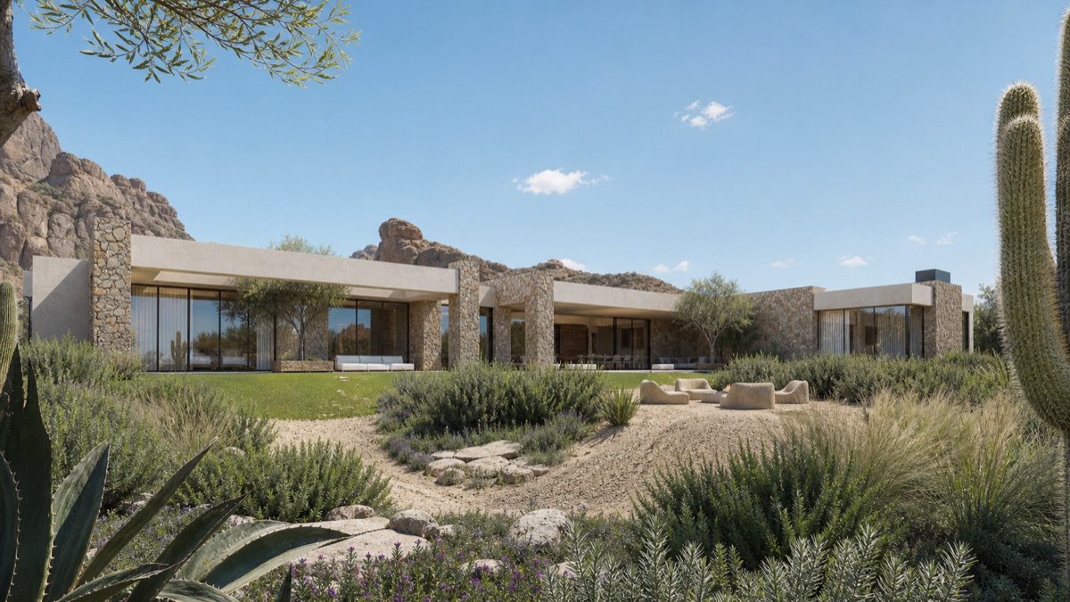 Solace primary residence — desert stucco with boulder landscape